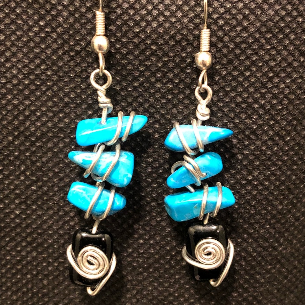 Black Onyx and Blue Turquoise Silver Wrap Earrings